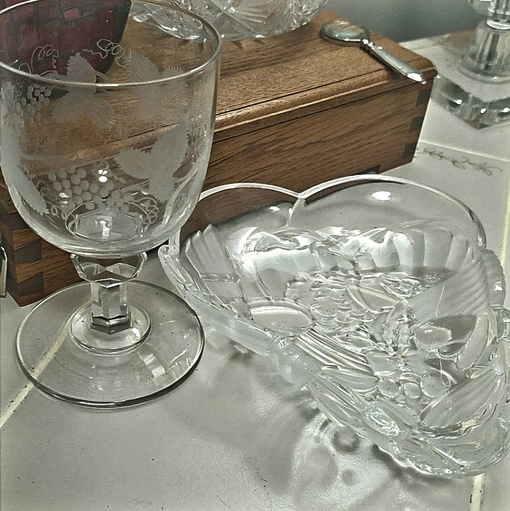 x3 Set Chocolates And 2 Wine Lead Crystal Cut Stem Lg Glass Frosted Etched Dish